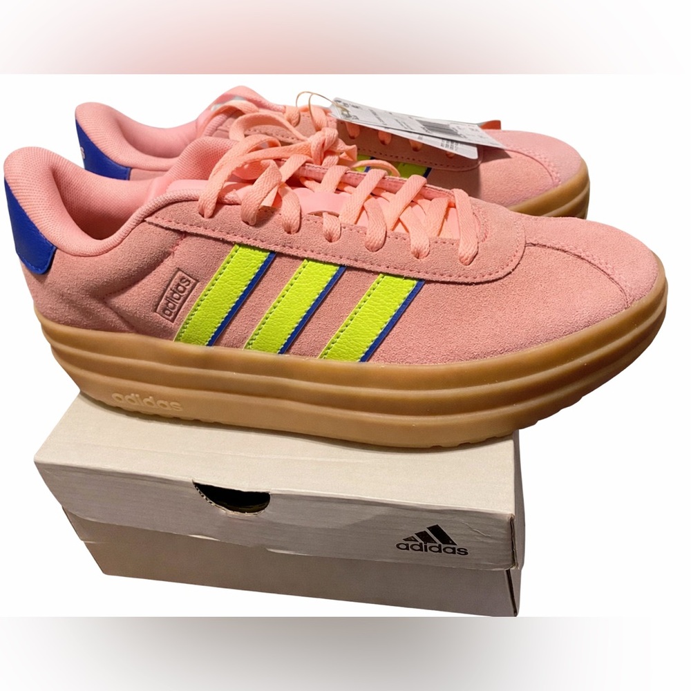 Adidas Women's Pink and Neon Green Sneakers - Picture 3 of 6